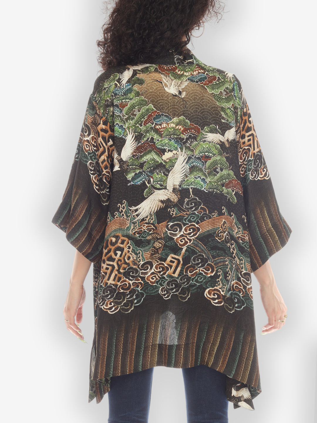 Geometric Waves Border Silk Kimono Top