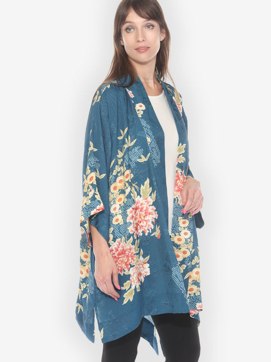 Indigo Shibori Flowers Silk Kimono Jacket