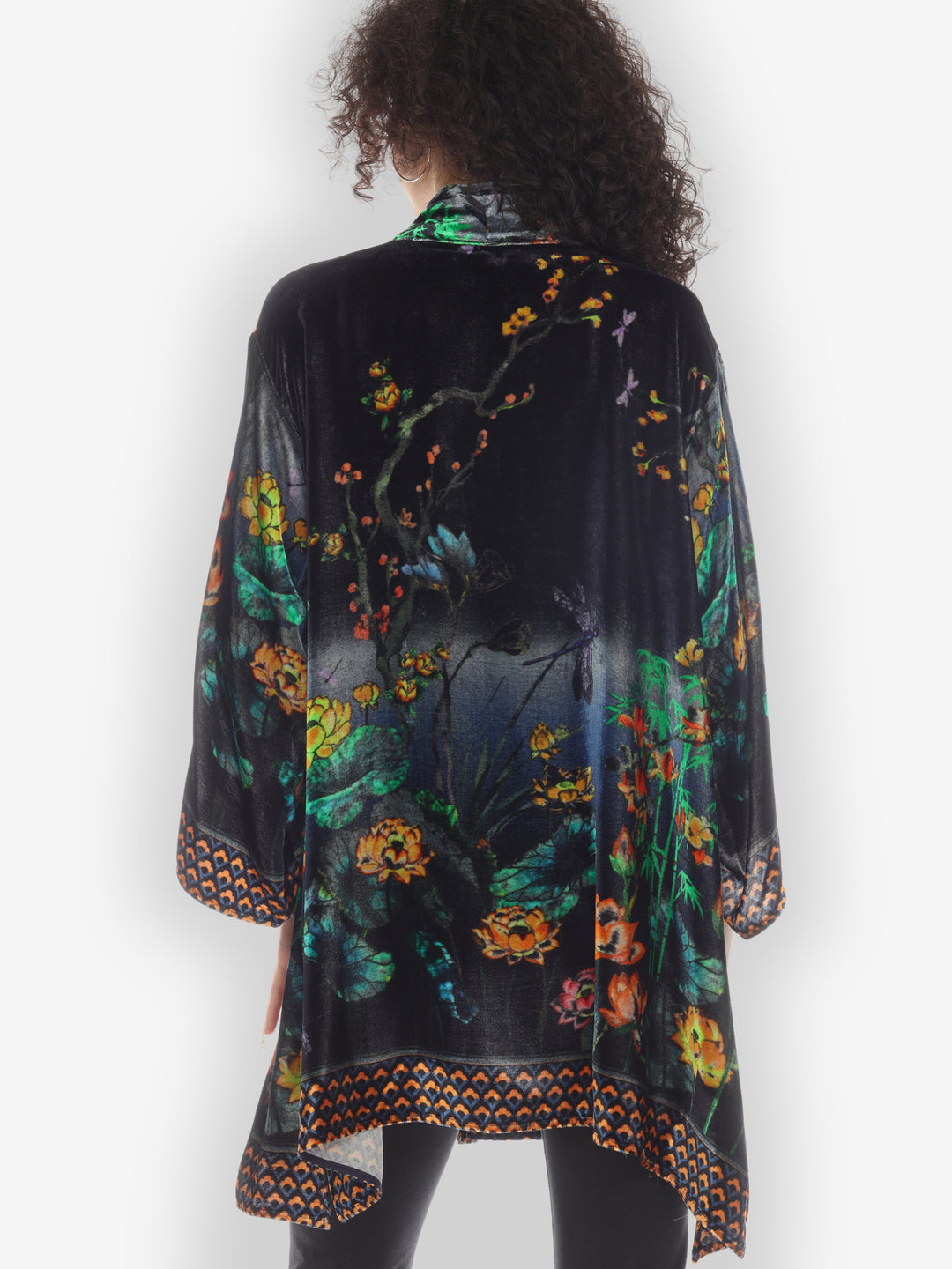 Lotus with Dragonfly Navy Velvet Kimono