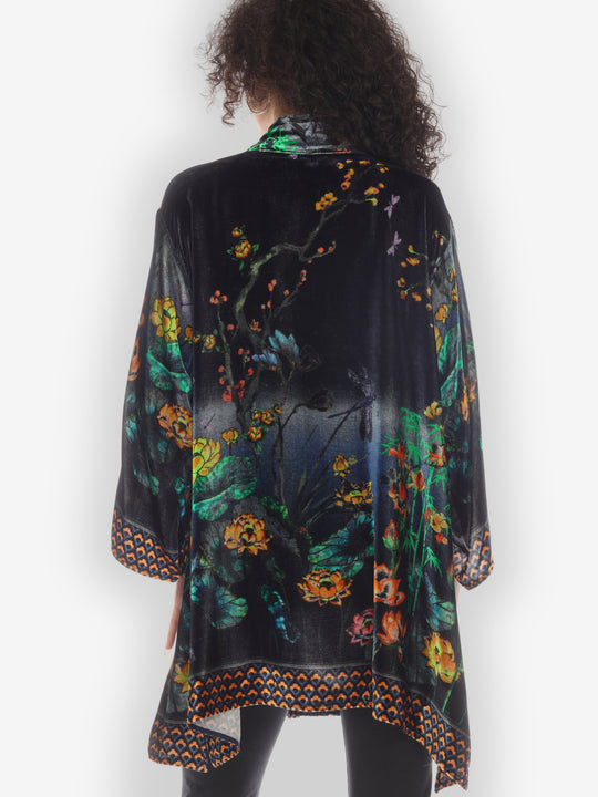 Lotus with Dragonfly Navy Velvet Kimono
