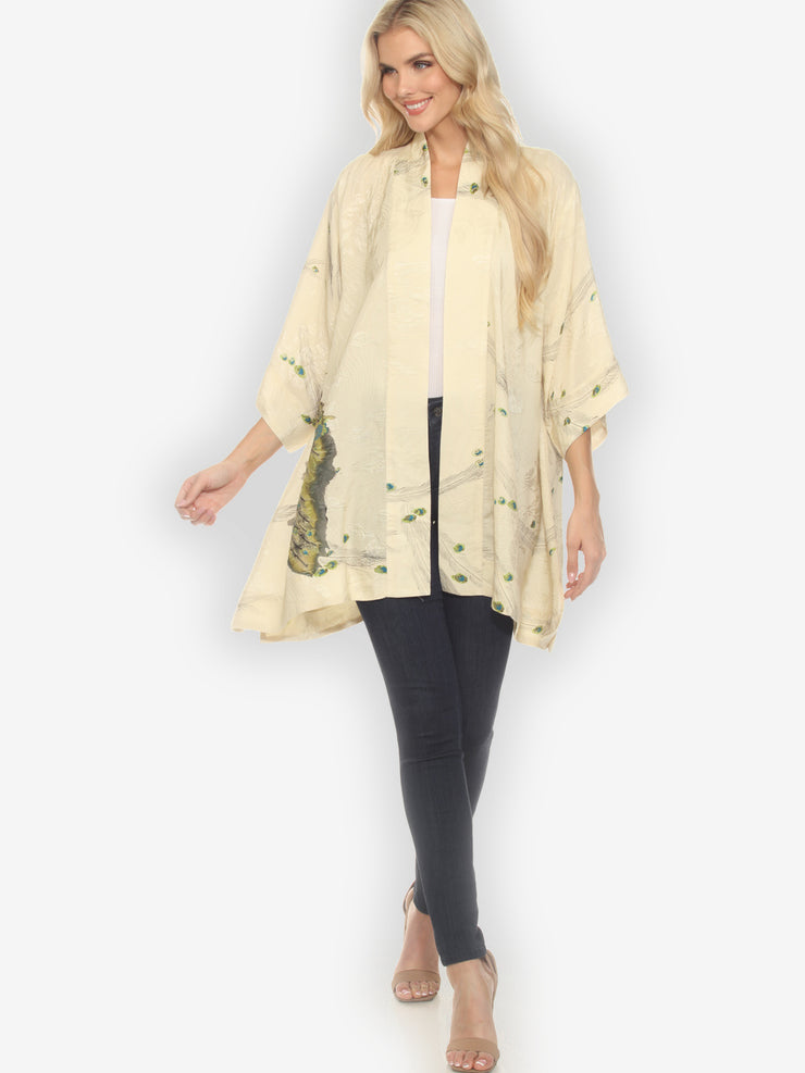 Peacock Floral White Silk Kimono Jacket