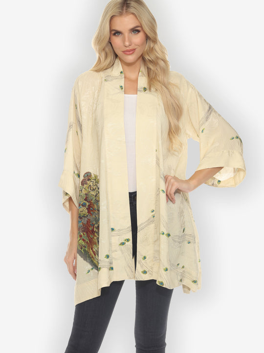 Peacock Floral White Silk Kimono Jacket