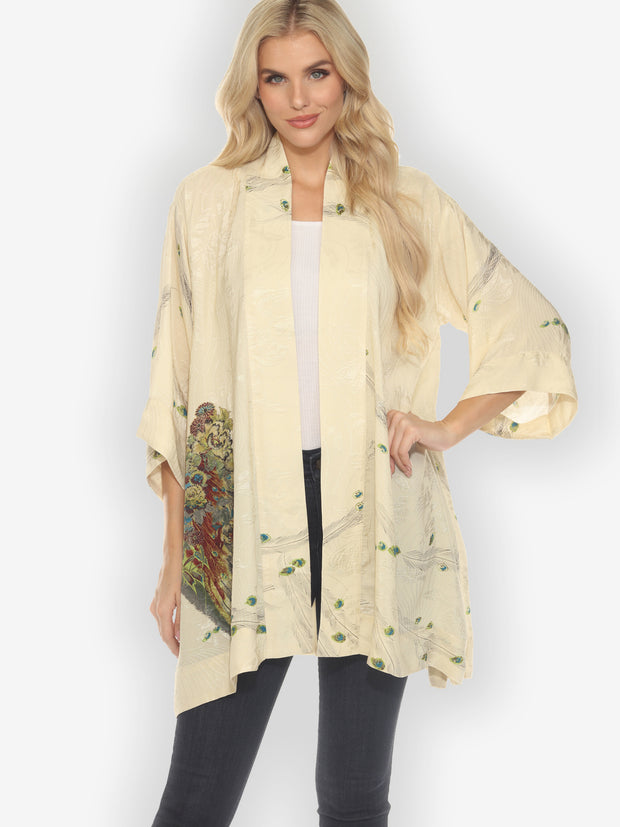 Peacock Floral White Silk Kimono Jacket