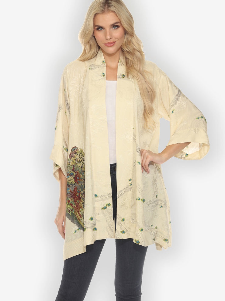 Peacock Floral White Silk Kimono Jacket