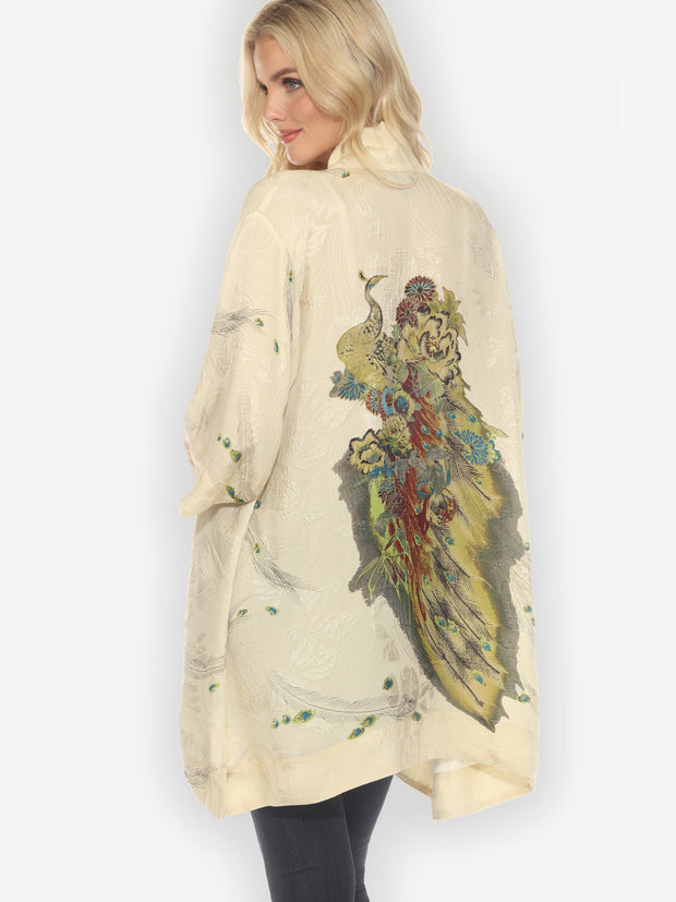Peacock Floral White Silk Kimono Jacket