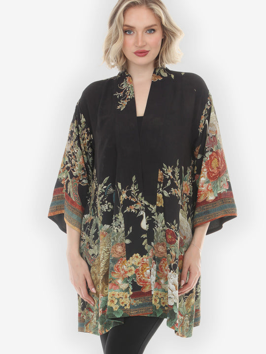 Peacock Garden in Black Kimono Jacket