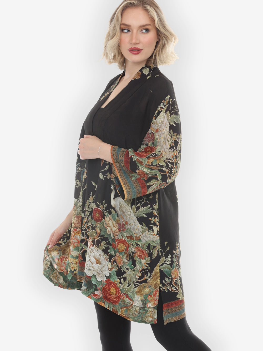 Peacock Garden in Black Kimono Jacket
