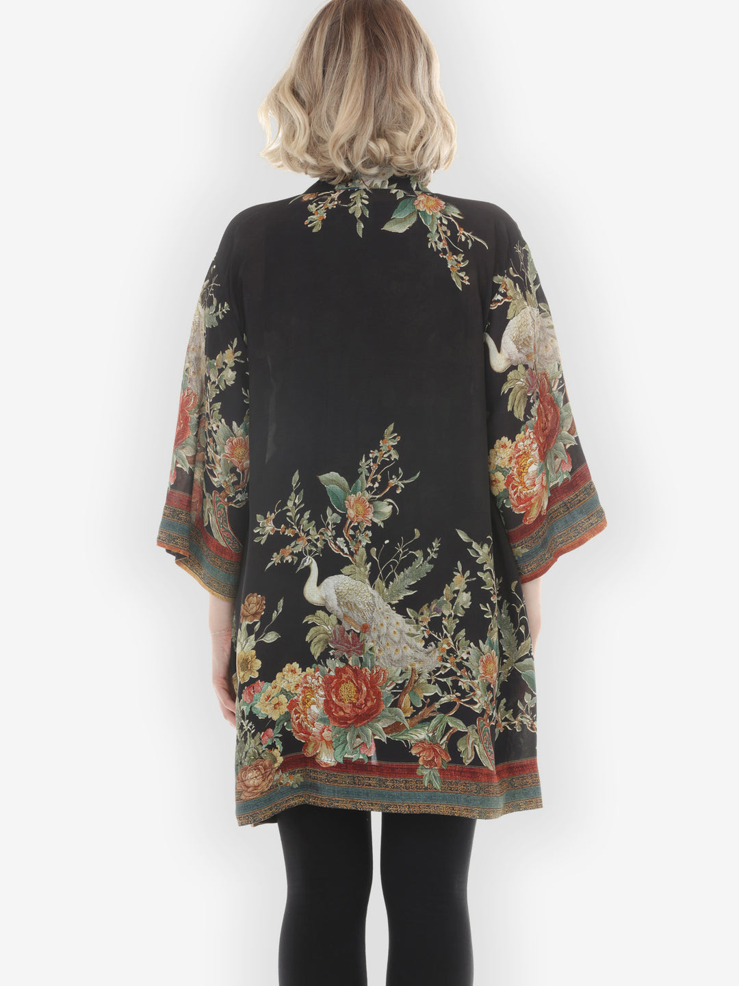 Peacock Garden in Black Kimono Jacket