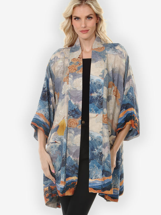 Sun Cranes in Blue Colorway Silk Kimono Jacket