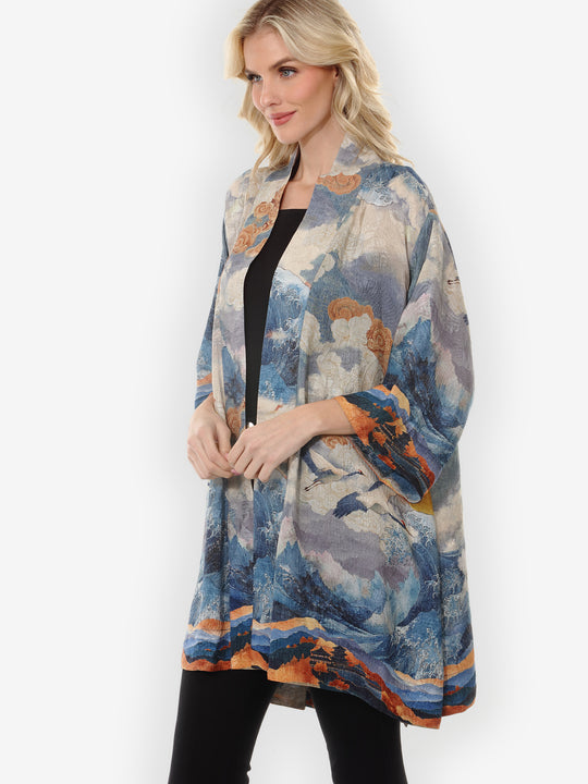 Sun Cranes in Blue Colorway Silk Kimono Jacket