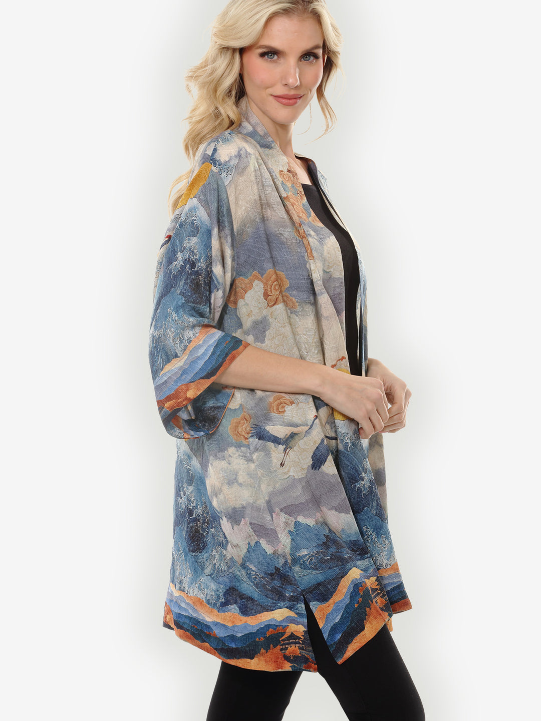 Sun Cranes in Blue Colorway Silk Kimono Jacket