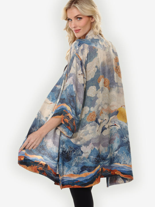 Sun Cranes in Blue Colorway Silk Kimono Jacket