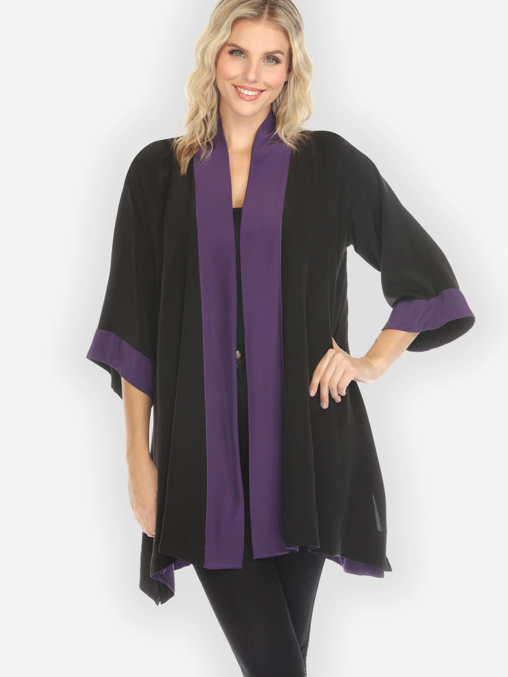 Solid Pure Silk Black Purple Kimono Jacket - XL