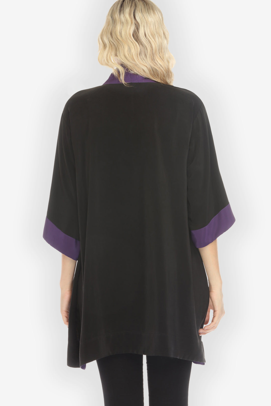 Solid Pure Silk Black Purple Kimono Jacket - XL