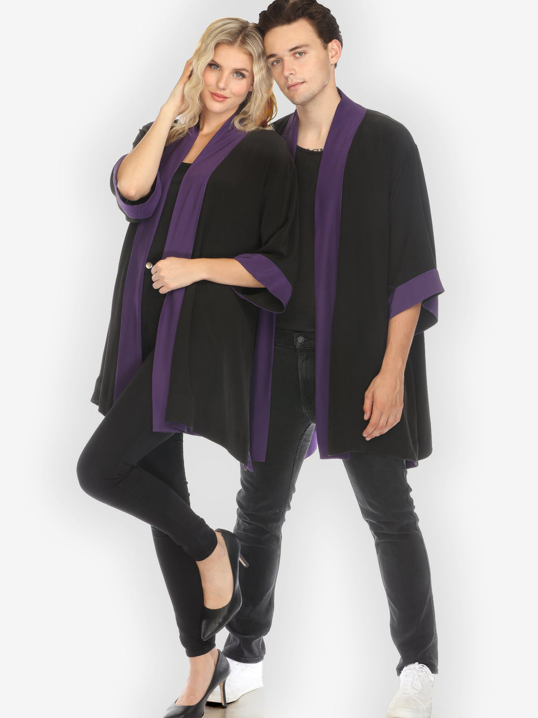 Solid Pure Silk Black Purple Kimono Jacket - XL