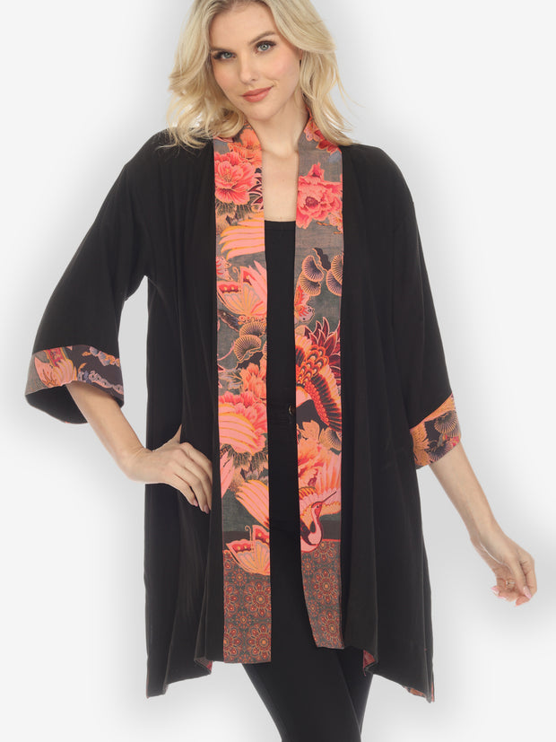Solid Rayon Black Silk Contrast Kimono Jacket
