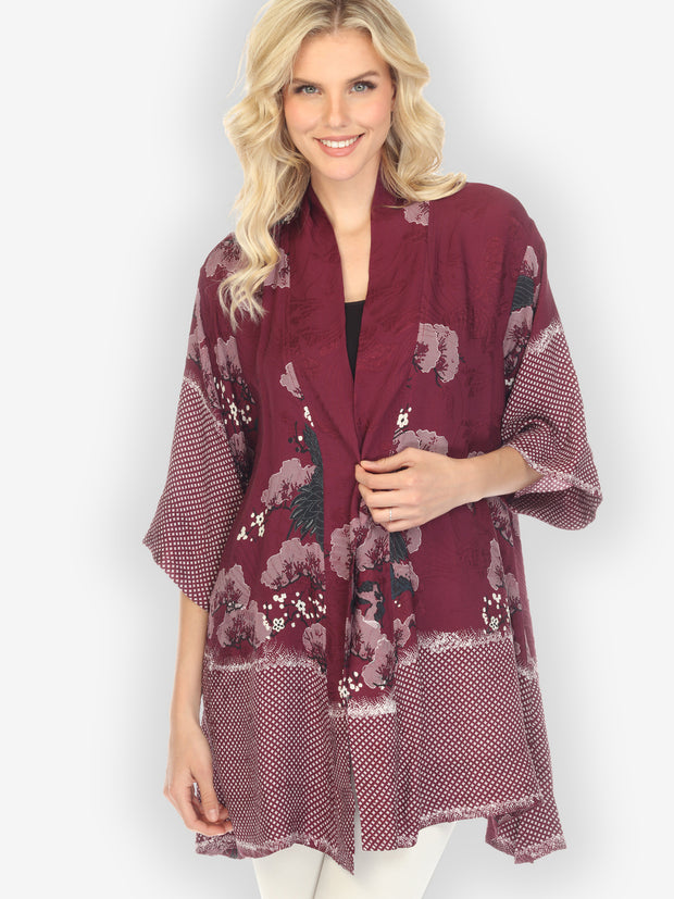True Cranberry Shibori Silk Kimono Jacket - M