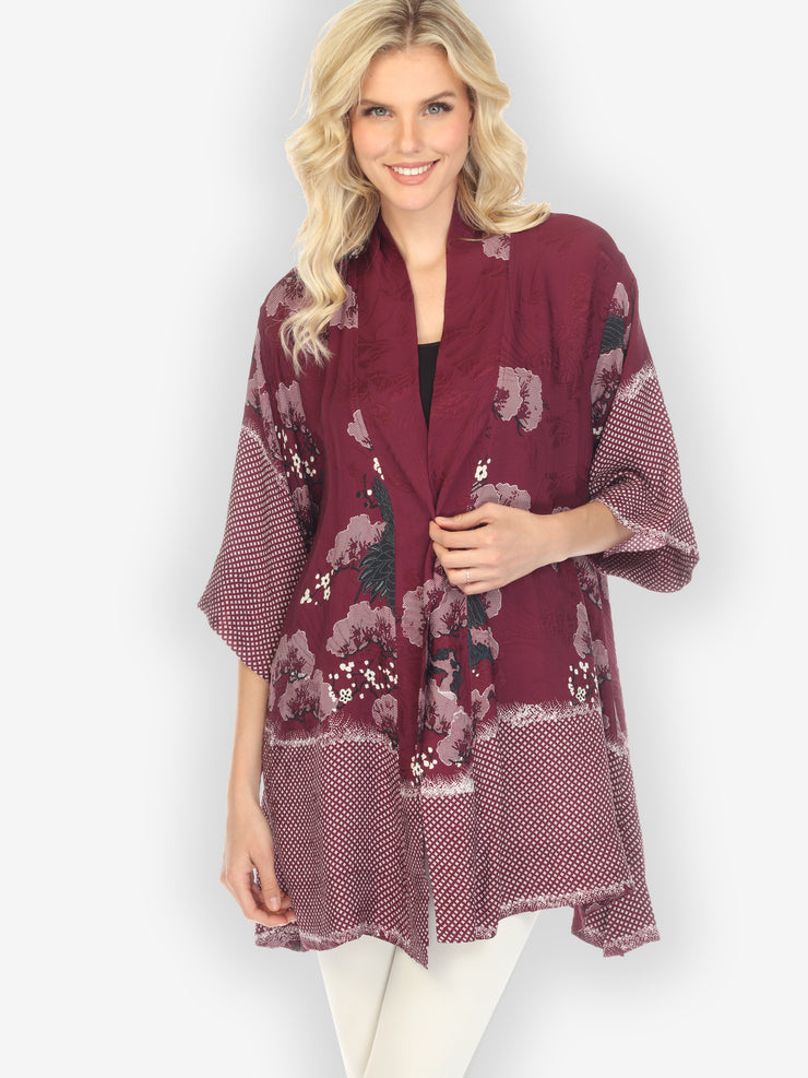 True Cranberry Shibori Silk Kimono Jacket - M