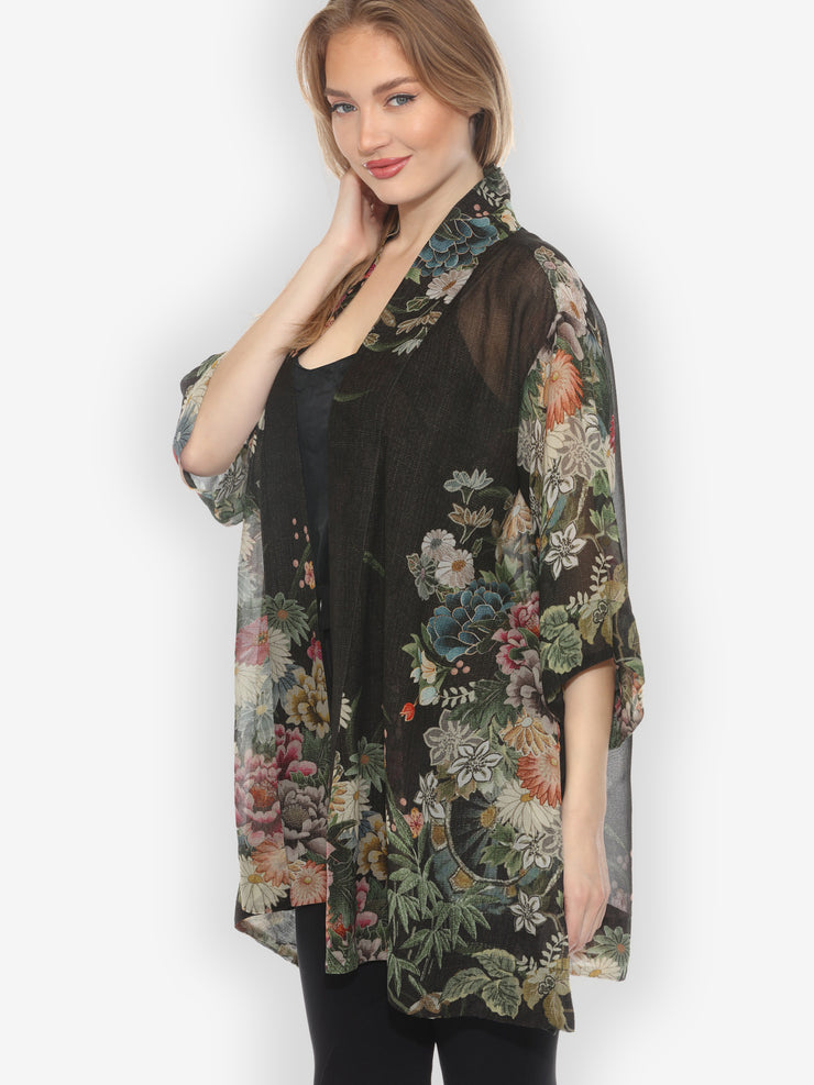 Vintage Flowers in Black Kimono Jacket