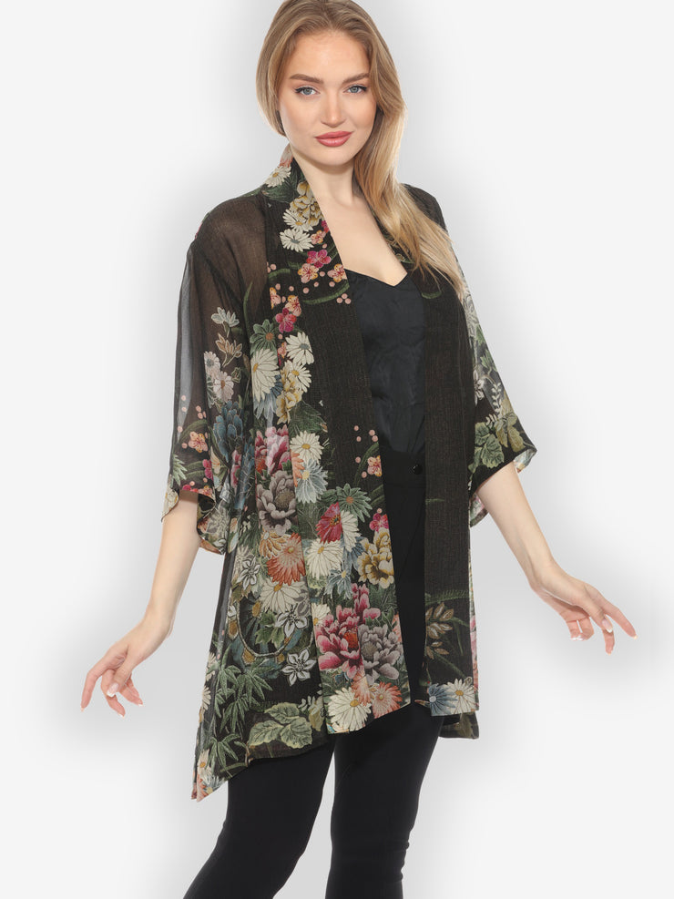 Vintage Flowers in Black Kimono Jacket