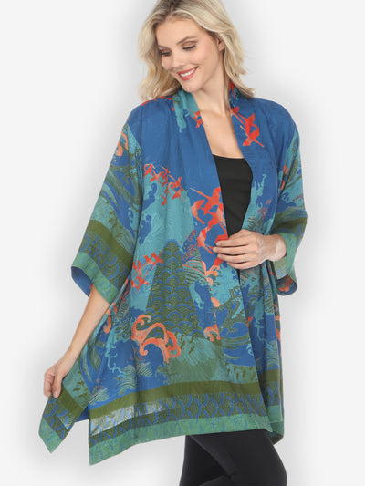 Waves and Crane in Blue Kimono Jacket