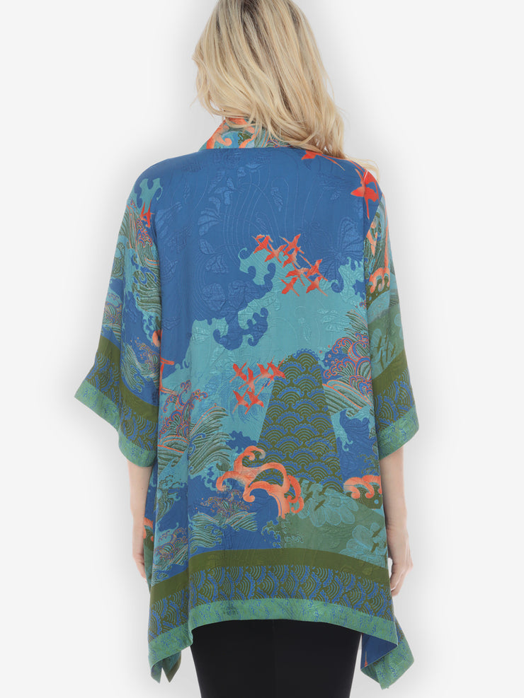 Waves and Crane in Blue Kimono Jacket