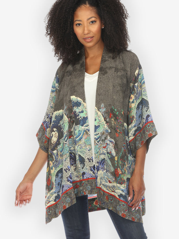 Waves Art in Dark Gray Silk Kimono Jacket