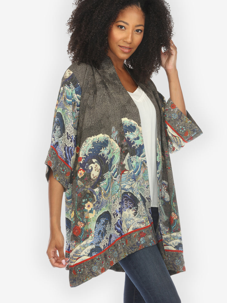 Waves Art in Dark Gray Silk Kimono Jacket