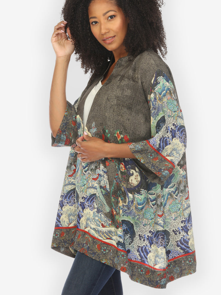 Waves Art in Dark Gray Silk Kimono Jacket