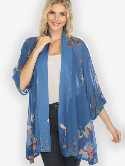 Wisteria Butterflies Cranes in Blue Kimono Jacket