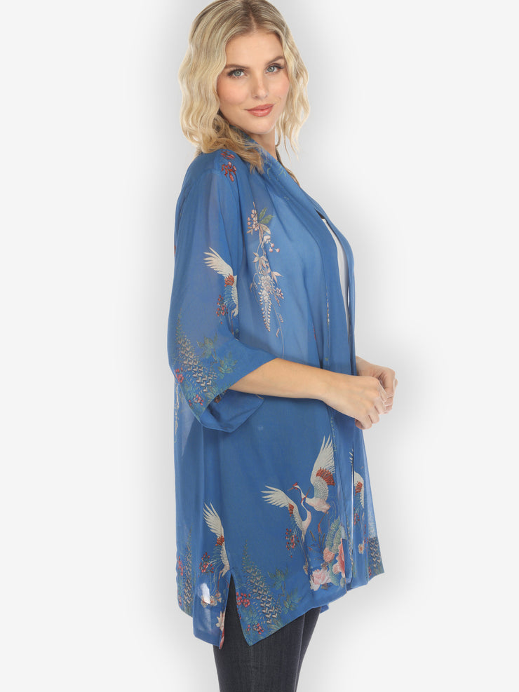 Wisteria Butterflies Cranes in Blue Kimono Jacket