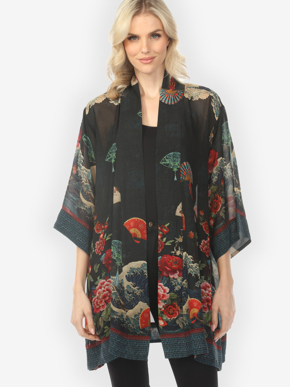 Waves Fans Flowers Black Kimono Jacket