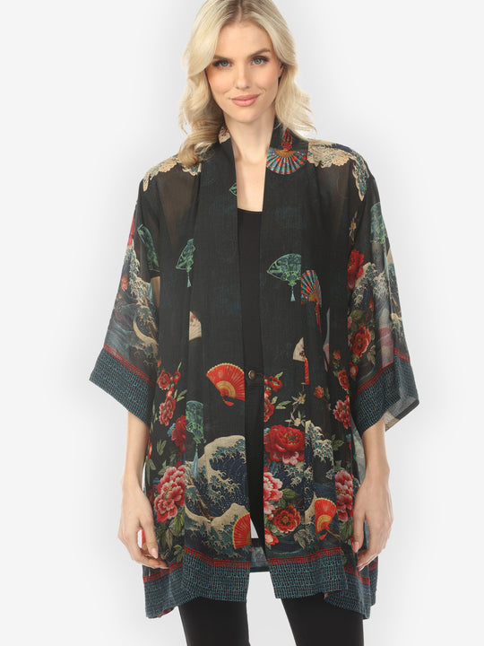 Waves Fans Flowers Black Kimono Jacket