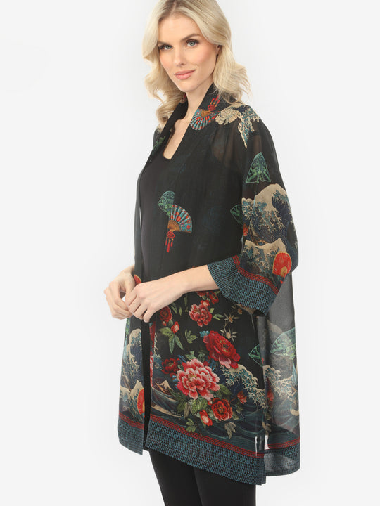 Waves Fans Flowers Black Kimono Jacket