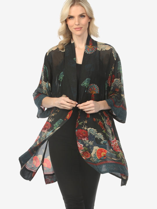 Waves Fans Flowers Black Kimono Jacket