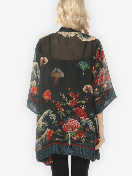 Waves Fans Flowers Black Kimono Jacket