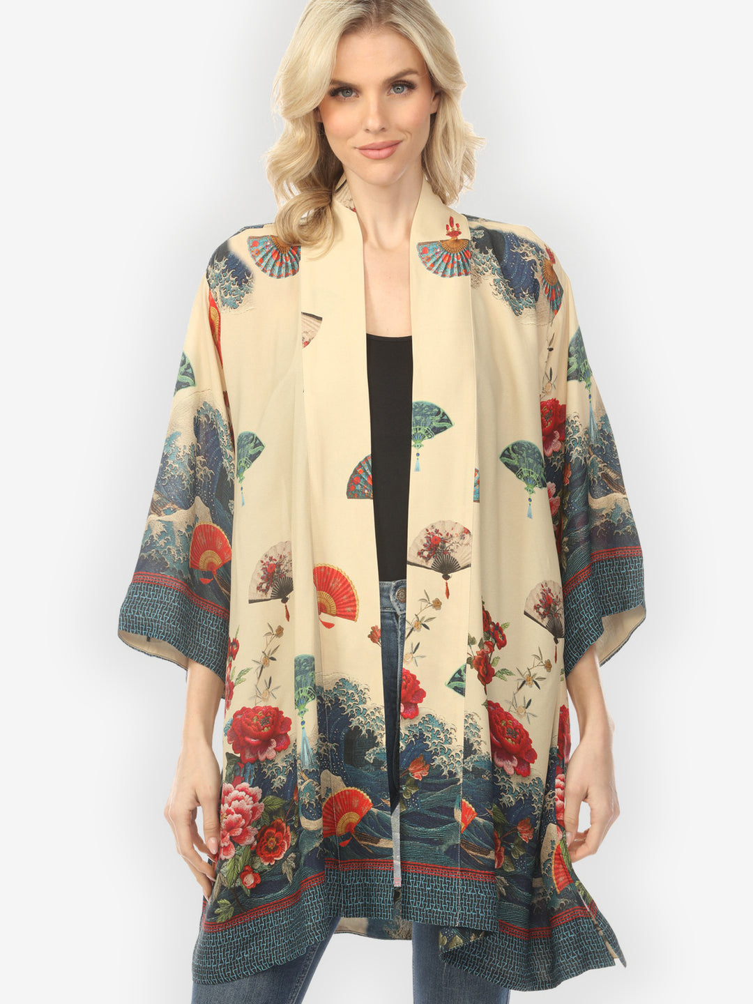 Waves Fans Flowers Cream Kimono Jacket