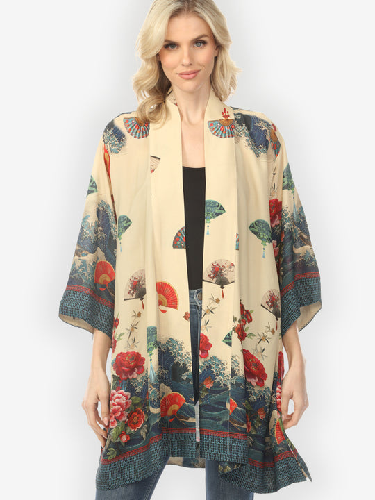 Waves Fans Flowers Cream Kimono Jacket