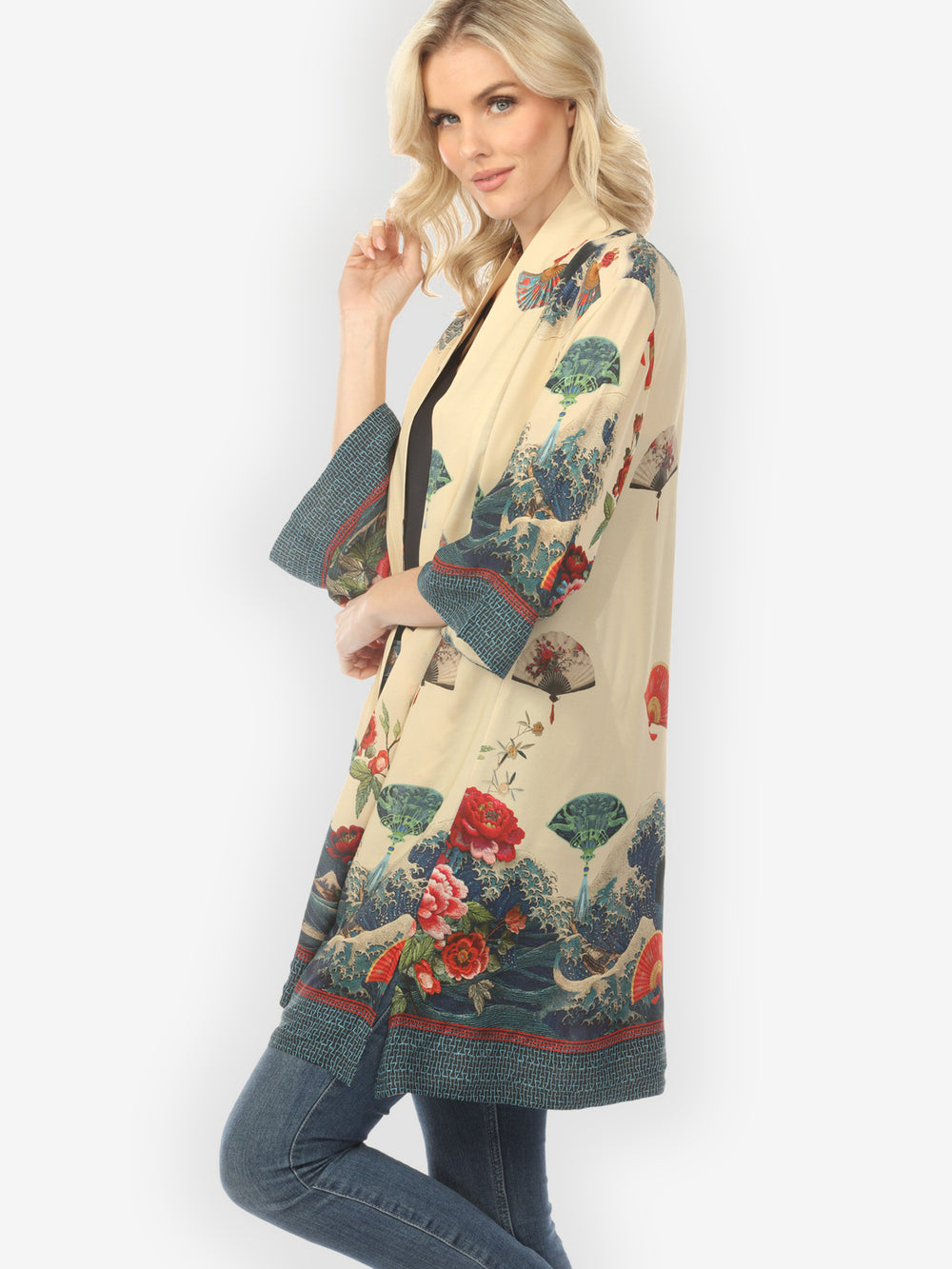 Waves Fans Flowers Cream Kimono Jacket
