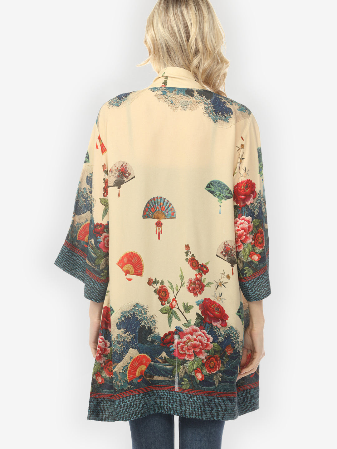Waves Fans Flowers Cream Kimono Jacket