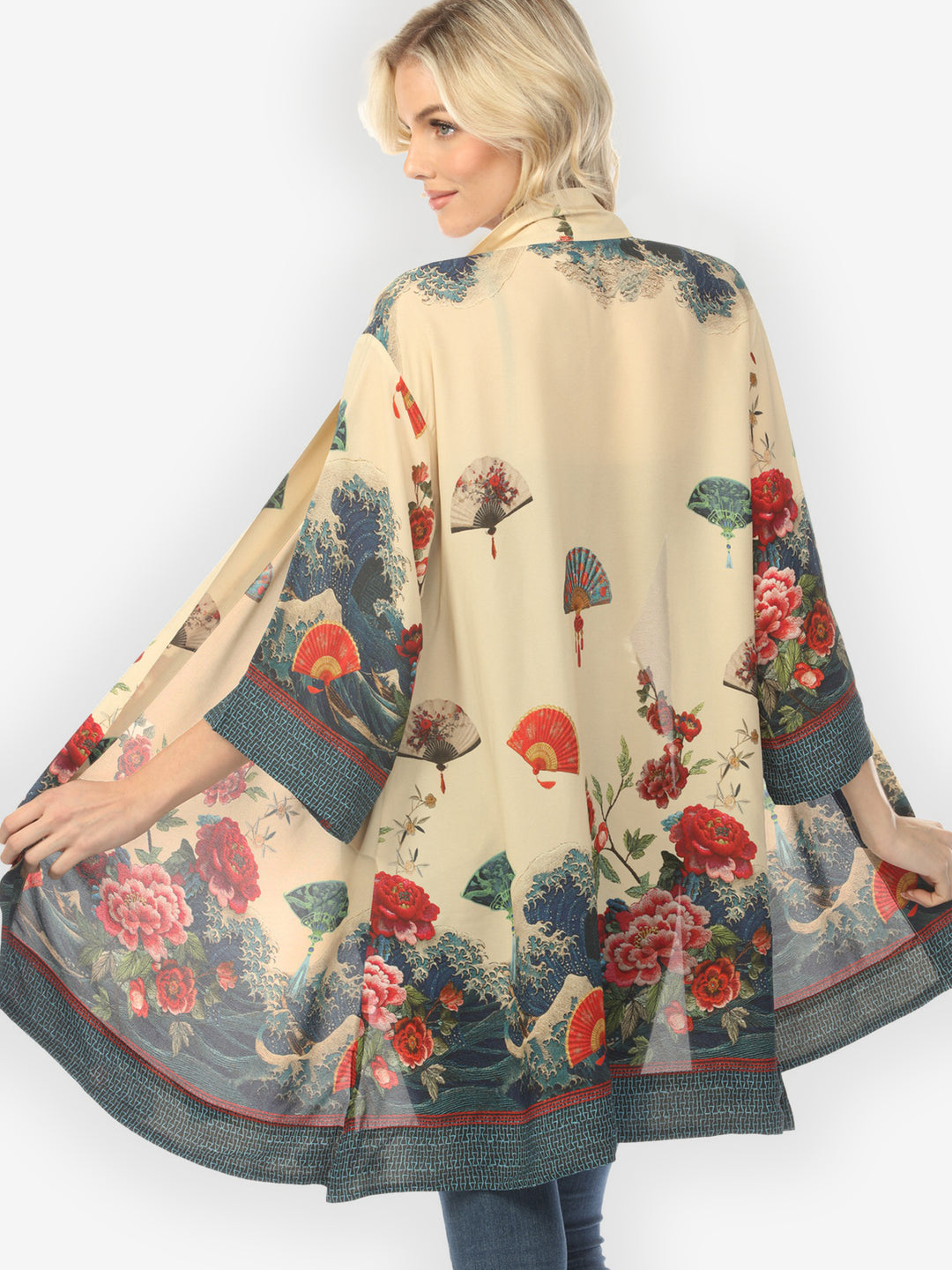 Waves Fans Flowers Cream Kimono Jacket