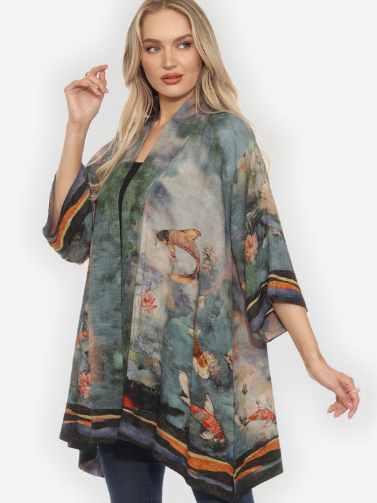Watercolor Koi Silk Blend Kimono Jacket