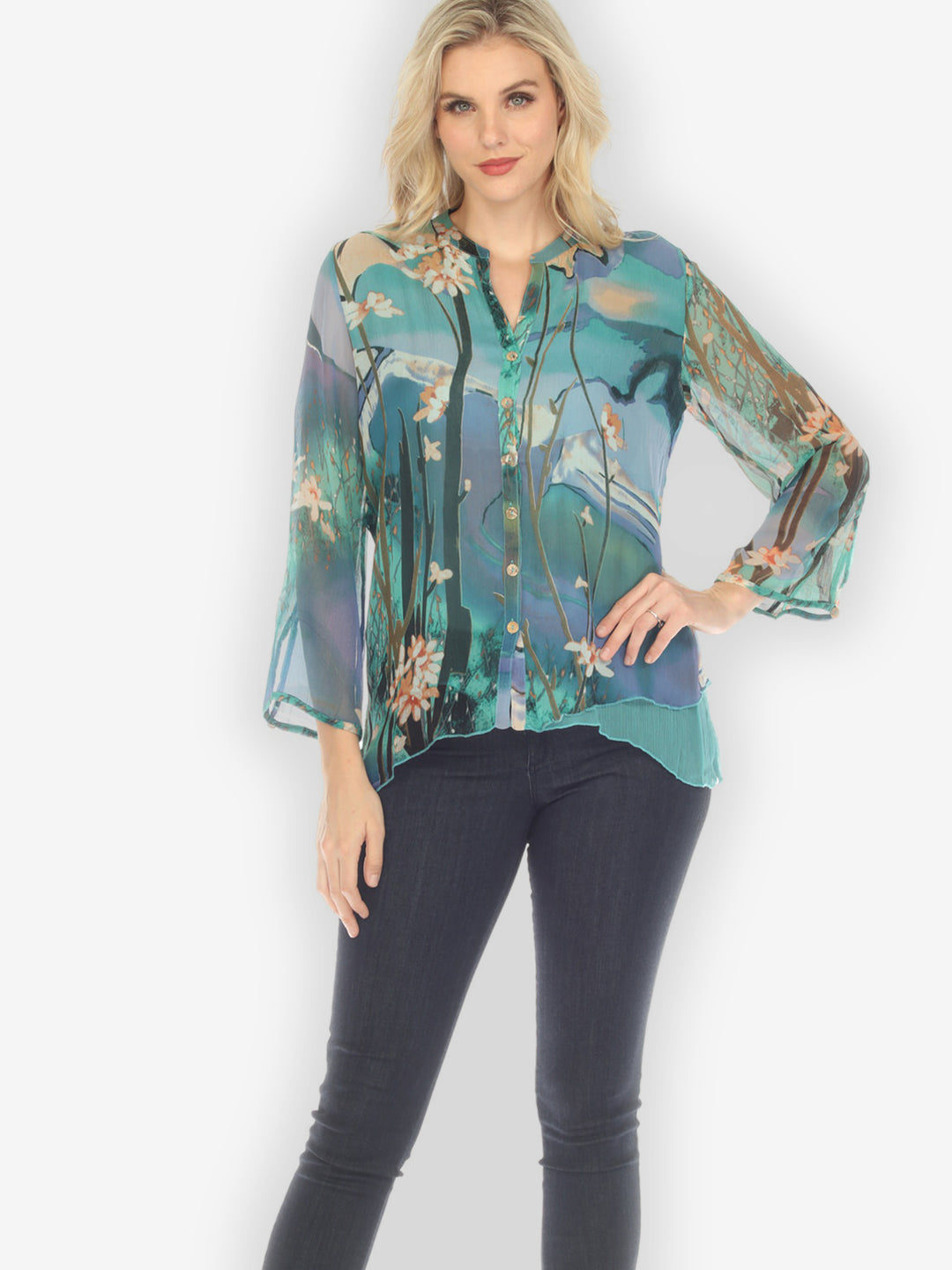 Cheerful Blossom Art in Blue Silk Blouse