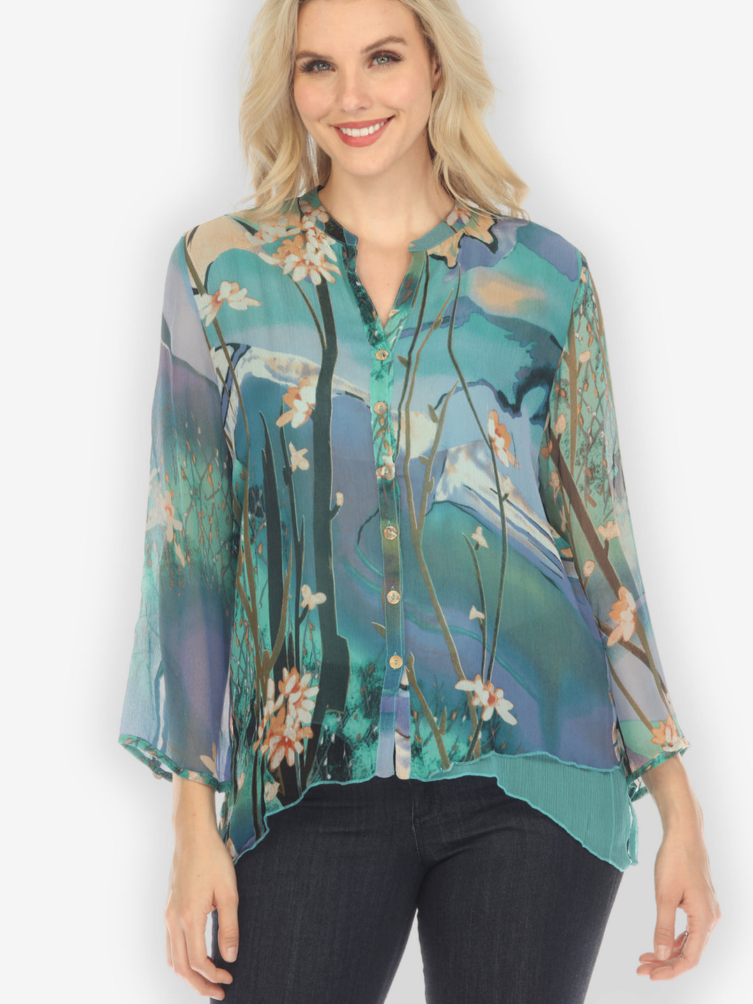Cheerful Blossom Art in Blue Silk Blouse