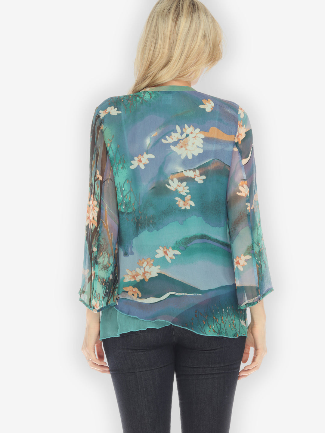 Cheerful Blossom Art in Blue Silk Blouse