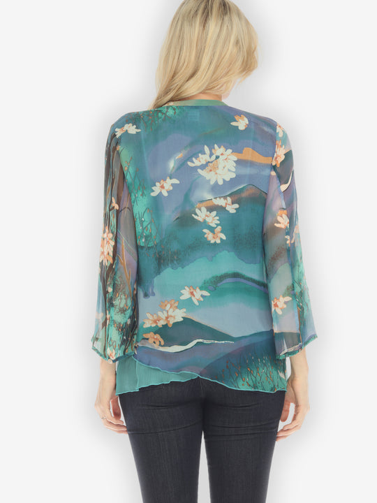 Cheerful Blossom Art in Blue Silk Blouse