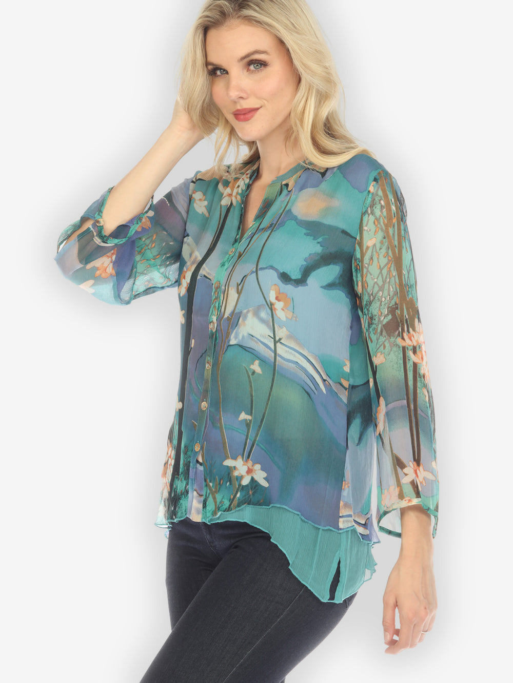 Cheerful Blossom Art in Blue Silk Blouse