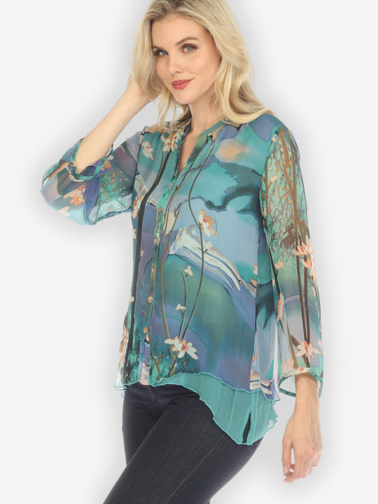 Cheerful Blossom Art in Blue Silk Blouse