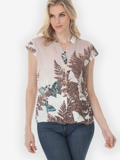 Butterflies Leafy Nature Cap Sleeve Silk Blouse - S