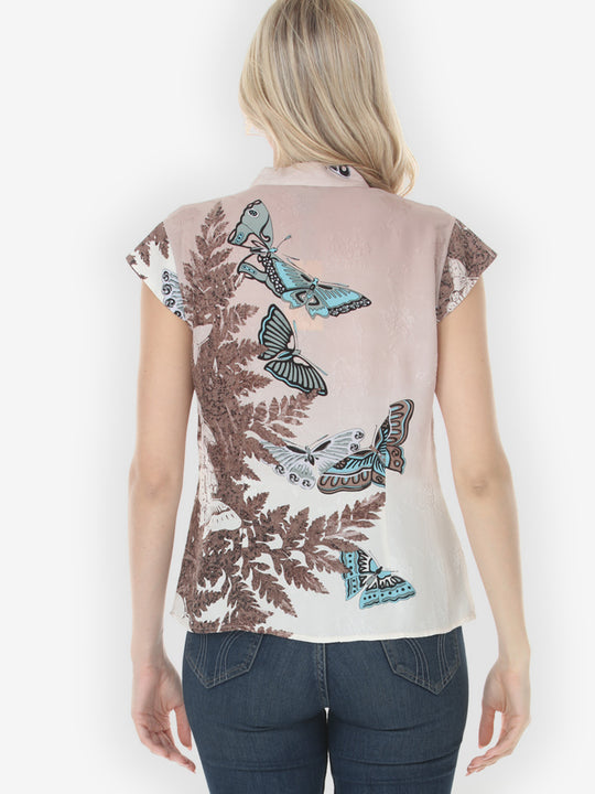 Butterflies Leafy Nature Cap Sleeve Silk Blouse - S